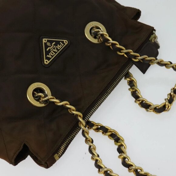 PRADA Chain Shoulder Bag Nylon Brown Gold Auth - Picture 10 of 15